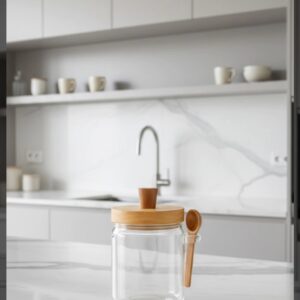 frasco vidrio c/cuchara y tapa de bamboo