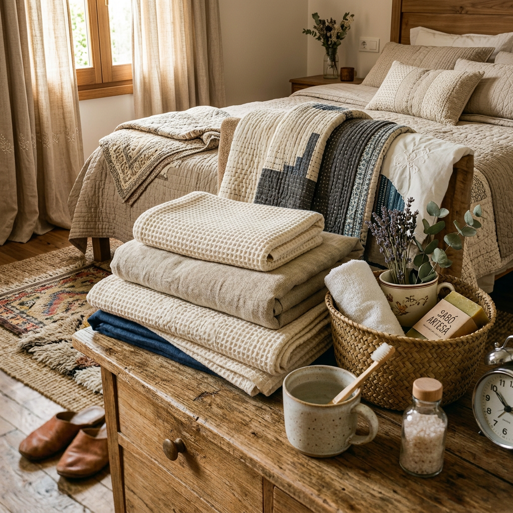 Folded blankets and basket of self-care items on a bedroom dresser